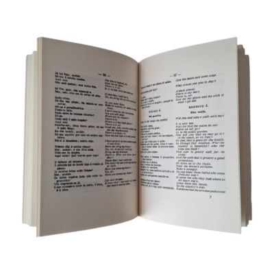 Livro aberto com texto em português e inglês.