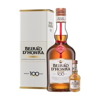 Conjunto de garrafas de licor BEIRÃO DHONRA com embalagem branca e detalhes dourados