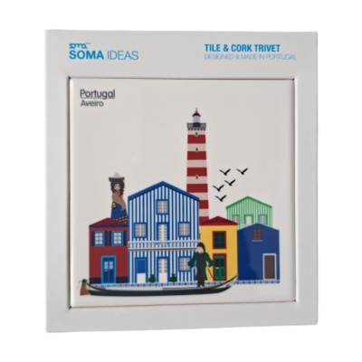 Descanso de panela azulejo e cortiça com ilustração colorida de Aveiro