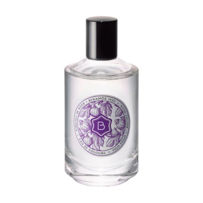 Frasco de vidro com rótulo roxo e tampa preta