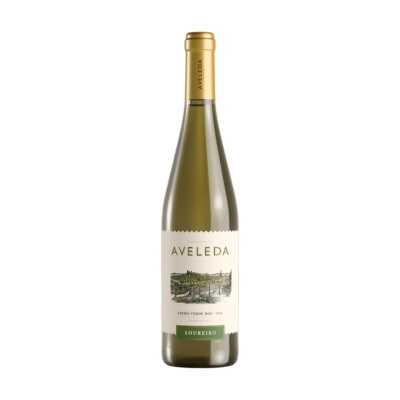 Garrafa de vinho branco Aveleda Loureiro 2024 com rótulo branco e cápsula dourada