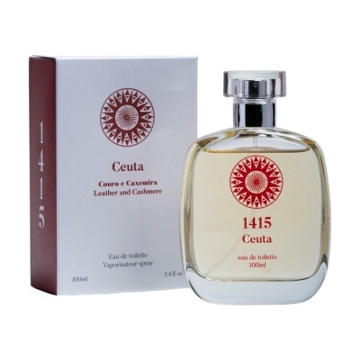 Frasco e caixa de perfume 1415 Ceuta com rótulos vermelhos e brancos