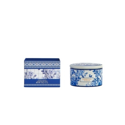 Sabonete Gold & Blue e caixa de lata decorada com padrão floral azul e branco