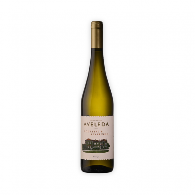 Garrafa de vinho branco Aveleda Loureiro & Alvarinho com rótulo e tampa dourada