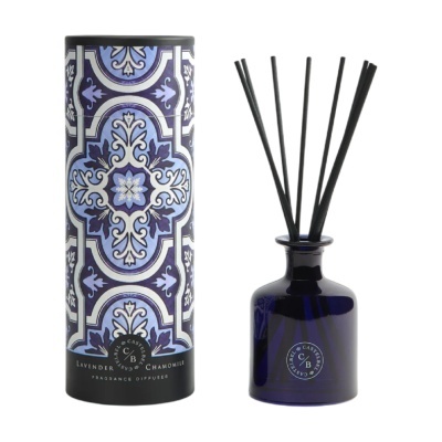 Difusor de fragrância com frasco azul e embalagem decorativa