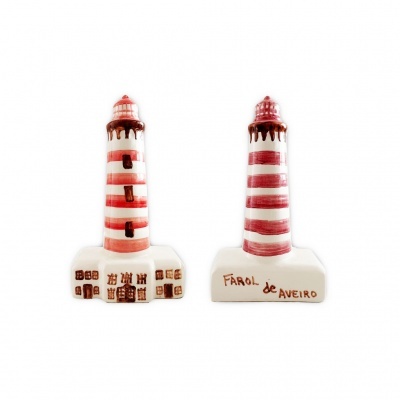 Ímans de frigorífico com design de farol vermelho e branco, base branca, um com texto FAROL de AVEIRO.
