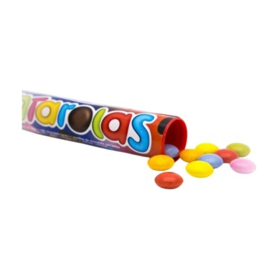 Pacote aberto de confeitos coloridos em tubo com texto tarolas