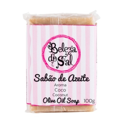 Sabonete de azeite com rótulo rosa às riscas