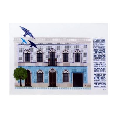 Ilustração fachada de prédio com azulejos e pássaros