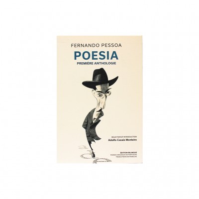 Capa de livro branco com caricatura de Fernando Pessoa e texto em azul e preto
