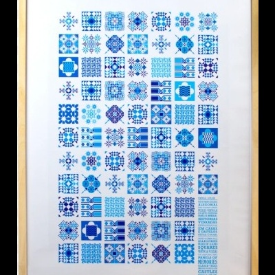 Quadro com padrão azul de quadrados geométricos e florais, com texto em português na parte inferior direita.