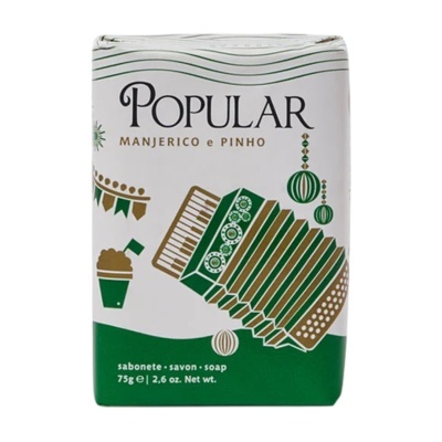 Sabonete embalado com design verde branco e dourado com acordo e texto Popular