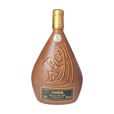 Garrafa de licor Capuchinha de cerâmica castanha com relevo e rótulo preto.