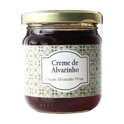 Frasco de creme de Alvarinho em vidro com tampa dourada e rótulo decorado