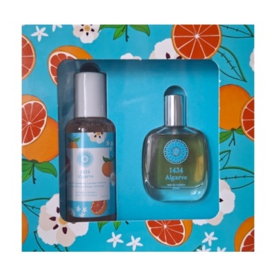 Conjunto 1434 Algarve com gel banho e eau de toilette em embalagem azul decorada com laranjas e flores