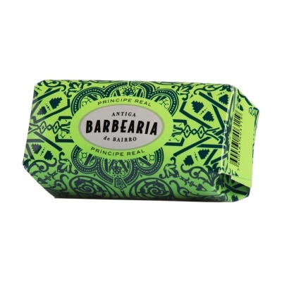 Embalagem verde com padrões para sabonete Antiga Barbearia de Bairro