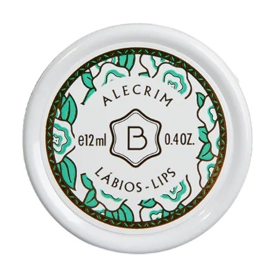 Pote redondo branco de bálsamo labial com tampa decorada com flores verdes e texto ALECRIM LÁBIOS.
