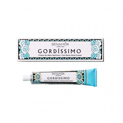 Creme de mãos Benamôr Gordíssimo com embalagem decorada azul, branca e preta