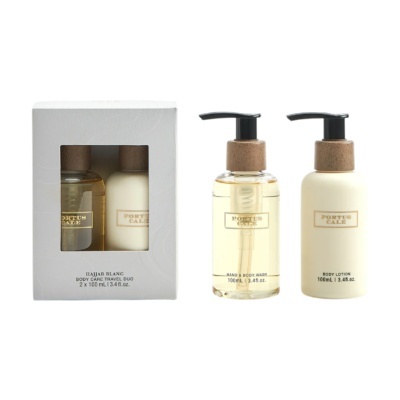 Conjunto Portus Cale Hajjar Blanc com dois frascos 100 ml para cuidado corporal.