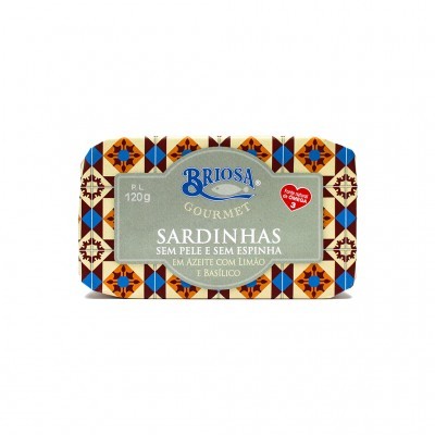 Lata de sardinhas Briosa Gourmet com design geométrico e texto no rótulo