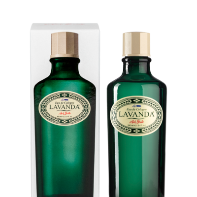 Frasco verde escuro de Eau de Cologne Lavanda com tampa creme e caixa branca