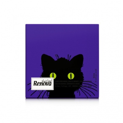 Caixa roxa com gato preto e olhos amarelos