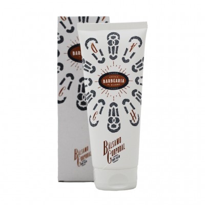 Tubo de bálsamo corporal branco com padrão de barbearia e caixa correspondente