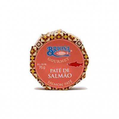 Paté de salmão Briosa Gourmet em embalagem redonda com rótulo vermelho e padrão geométrico