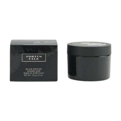 Sabonete de barbear Portus Cale Black Edition em embalagem e frasco pretos.
