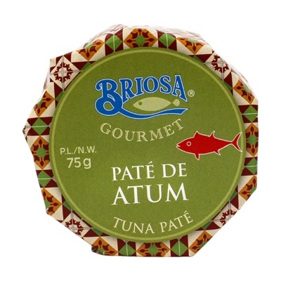 Paté de atum Briosa Gourmet embalagem redonda verde com padrão geométrico colorido nas bordas