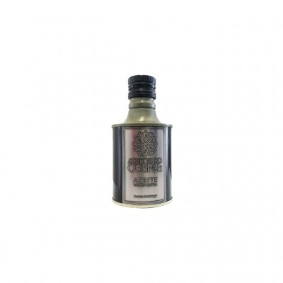 Frasco metálico pequeno de azeite com rótulo cinza escuro e tampa preta