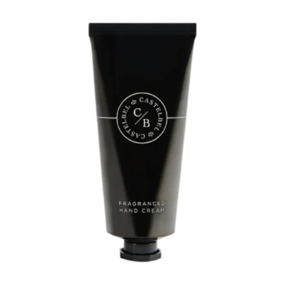 Tubo preto de creme para mãos perfumado com texto branco