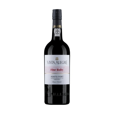 Garrafa de vinho Porto Vista Alegre Fine Ruby preta com rótulo branco e vermelho