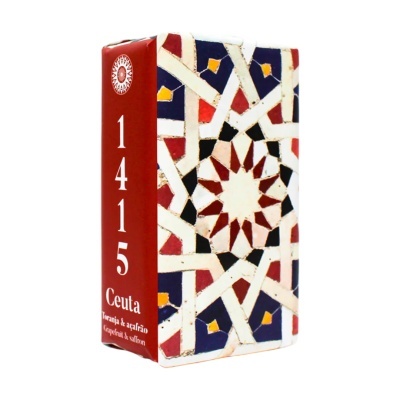 Embalagem de chá com design de azulejo geométrico e texto 1415 Ceuta Toranja & açafrão