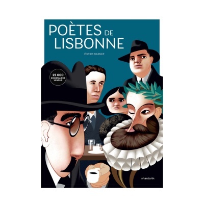 Capa de livro com ilustração de poetas de Lisboa em estilo caricatura