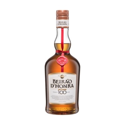 Garrafa de licor Beirão DHonra âmbar com rótulo branco e selo vermelho