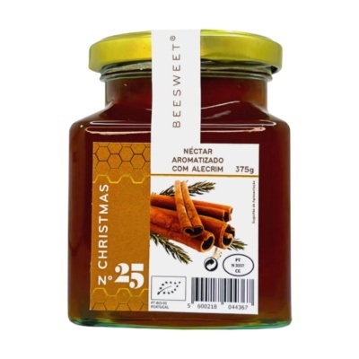 Frasco de néctar aromatizado com alecrim em vidro com tampa dourada e rótulo com ilustração de canela.