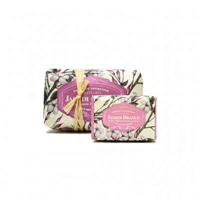 Dois sabonetes Castelbel Jasmin Branco com embalagem floral e etiqueta rosa.