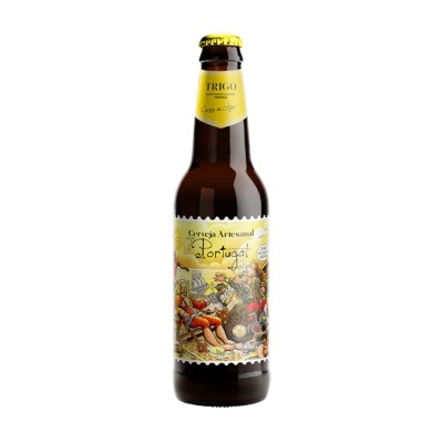 Garrafa escura de cerveja artesanal Portugal com rótulo amarelo ilustrado