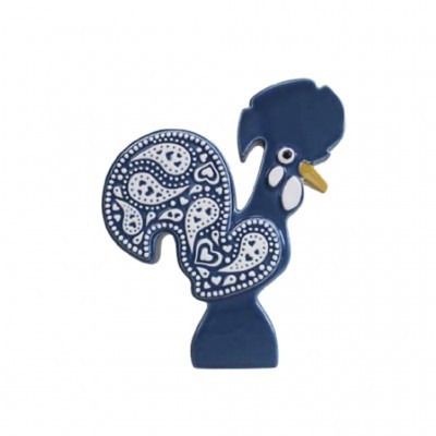 Estátua cerâmica galo azul com detalhes brancos e bico amarelo