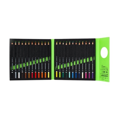 Estojo verde com 24 lápis de cor de corpo preto e pontas coloridas