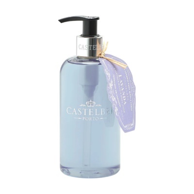 Frasco transparente com líquido azul claro e doseador preto