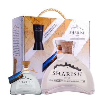 Conjunto de gin Sharish com garrafa de vidro, copo medidor preto e embalagem decorada