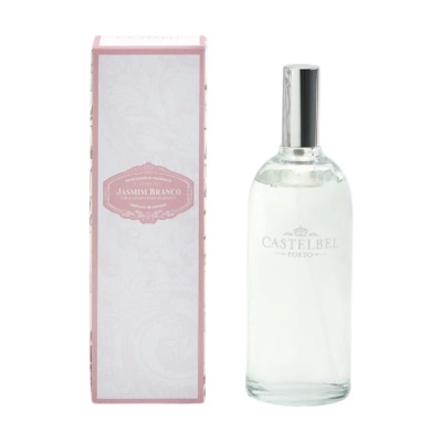 Frasco de perfume transparente com caixa branca e rosa
