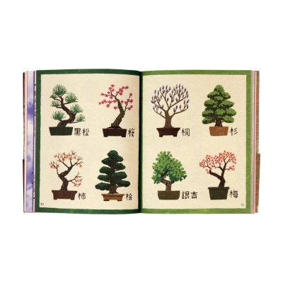 Livro aberto mostrando ilustrações de oito bonsais com texto em japonês