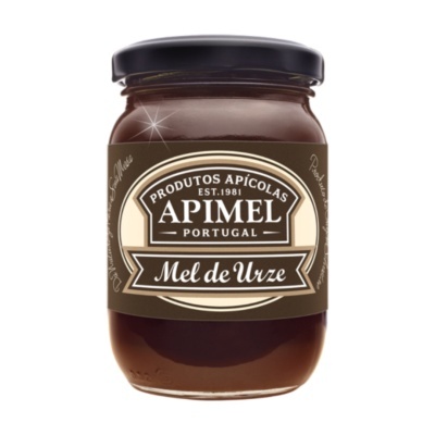 Frasco de mel de urze APIMEL Portugal com rótulo castanho e bege