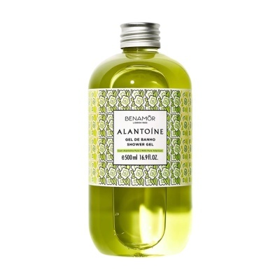 Frasco de gel de banho Alantoíne amarelo esverdeado com rótulo floral da marca BENAMÔR