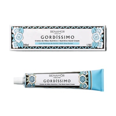 Creme de mãos Gordíssimo da Benamôr em tubo com caixa, detalhes florais azuis e pretos.