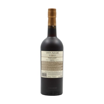Garrafa de vinho do Porto Vista Alegre 10 anos com rótulo branco e dourado