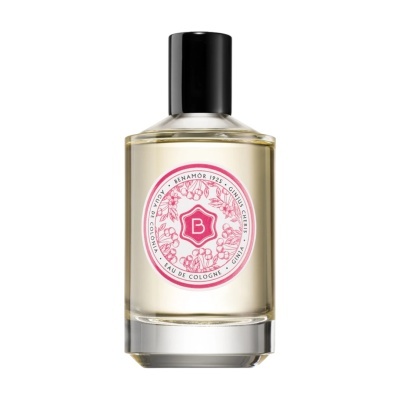 Frasco de água de colónia Benamor com rótulo rosa e branco
